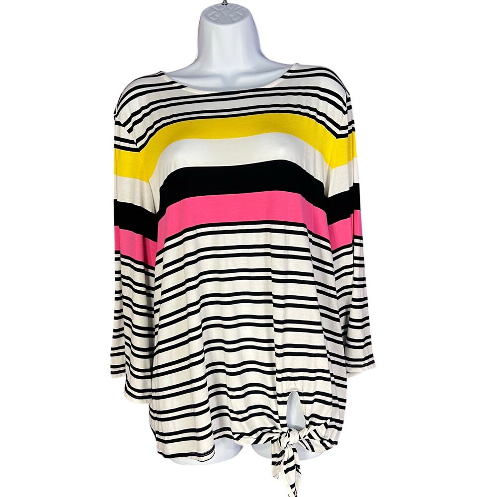 Ruby Rd Black Striped Tunic Top Colorblock Pink Yellow XL